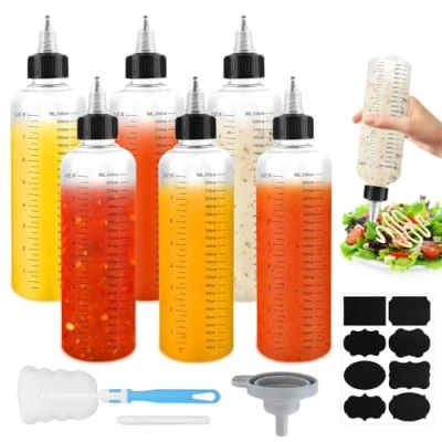 Afbeelding van Muyohix 6 stuks sausflessen, kunststof, 250 ml, transparante kunststof fles, knijpfles met schaal, trechters, etiketten, pennen, voor vloeistoffen, specerijen, ketchup, oliën