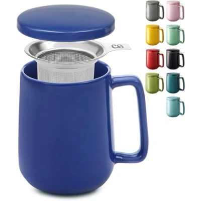 Afbeelding van Theemok met zeef en deksel, 500 ml, groot, keramiek, blijft lang warm, blauw