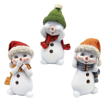 Afbeelding van Sneeuwkinderen set van 3 met muts en sjaal in oranje, groen rood, 6,3 x 5 10,5 cm (l b h)