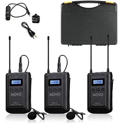 Afbeelding van Movo WMX 20 DUO 48 kanaals UHF draadloze Lavalier microfoonset met 1 ontvanger, zender en stropdasmicrofoon, compatibel DSLR camera&#039;s (audiobereik 100 m)