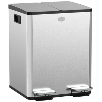 Afbeelding van HOMCOM Dubbele keukenafvalemmer, 2 x 20 l, pedaalemmer van roestvrij staal, softclose deksels, uitneembare binnenemmers en anti vingerafdrukhandgrepen, 45,8 36 51,6 cm