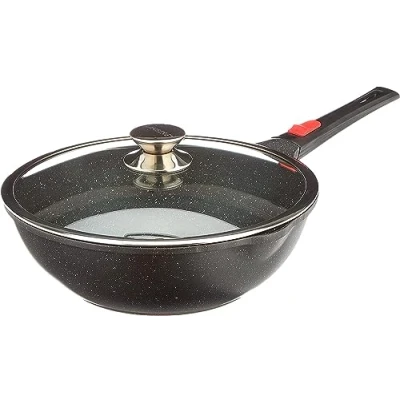 Afbeelding van KAMBERG Wok van 28 cm Afneembaar handvat Gegoten aluminium Glazen deksel Alle fornuizen inclusief inductie