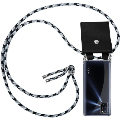 Afbeelding van Cadorabo Hoesje geschikt voor Oppo A52 in ZWARTE CAMOUFLAGE Silicone Mobiele telefoon ketting beschermhoes met zilveren ringen, koordriem en afneembaar etui