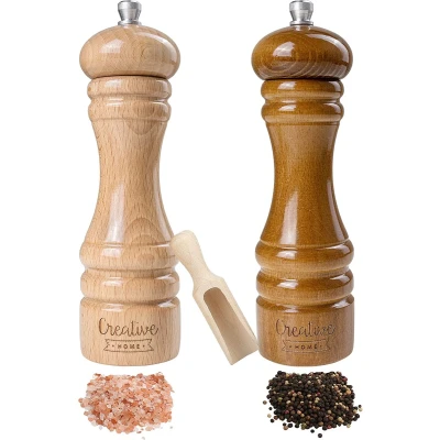 Afbeelding van Creative Home Grote Houten Peper en Zoutmolen Set van 2 met Mini Lepel 18 x 5 cm Beukenhout Handmatig