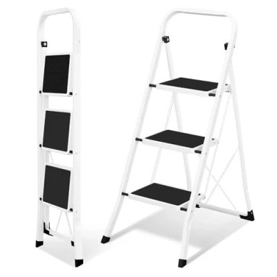 Afbeelding van EUGAD vouwladder met 3 treden, antislip, handgreep, gemakkelijk op te bergen, belastbaar tot 150 kg, staal, zwart/wit