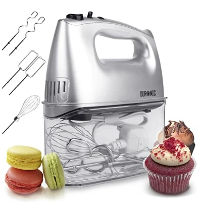 Afbeelding van Duronic HM4 SR Elektrische handmixer 400 W 5 snelheden met turbofunctie opbergvak 2 kloppers/2 kneedhaken en 1 garde