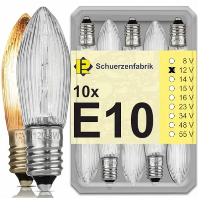 Afbeelding van 10 x puntige kaars E10 12 V 3 W reservelampen, gloeilampen, topkaars voor lichtkettingen en lichtbalken