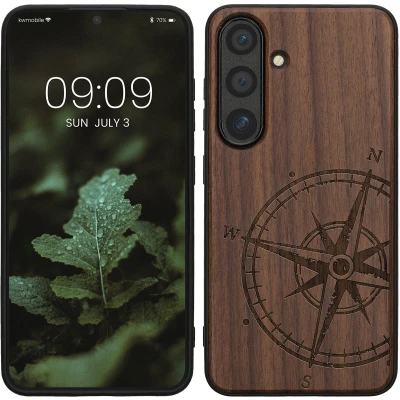 Afbeelding van kwmobile telefoonhoesje geschikt voorSamsung Galaxy S25 Hoesje met bumper hout In donkerbruin Vintage Kompas design