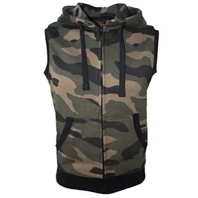 Afbeelding van ROCK IT Apparel I Herenjas met capuchon zonder mouwen, premium hoodie voor vrije tijd of amateursport, ritssluiting en zak [maten S 4XL] hoodie, Camo Groen Bruin, L