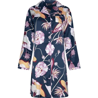 Afbeelding van Chique satijnen doorknoopnachthemd bloemen Blauw Maat 44