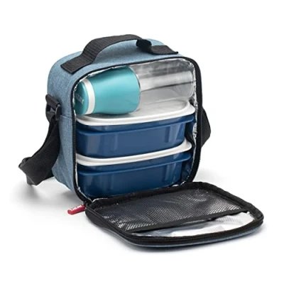 Afbeelding van TATAY Koeltas voor eetkamer, 3 l, inhoud met 2 voedselcontainers (2 x 0,5 l) en een luchtdichte fles van 400 ml, BPA vrij, kleur denim blauw. Afmetingen: 22,5 10 22 cm.