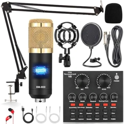Afbeelding van ALPOWL Podcast uitrustingsset, audio interface met all in one geluidskaart en condensatormicrofoon, perfect voor opname, streaming, live streaming (goud)