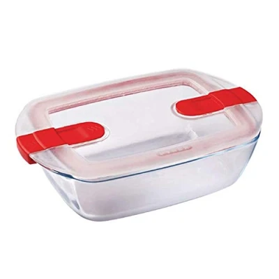 Image de Pyrex Cook &amp; Heat Plat Rectangulaire en Verre avec Couvercle Hermétique Spécial Micro ondes Boîte de conservation Cuisinez au four, Conservez et Réchauffez, 23 x 15 7cm