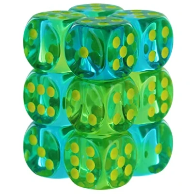 Afbeelding van Chessex Gemini dobbelstenen, transparant, 16 mm, groen en blauwgroen, 12 stuks