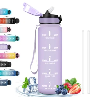 Afbeelding van 1 liter waterfles, gemakkelijk mee te nemen, lekvrije sportfles, fles met rietje voor volwassenen, tijdschema om drinken, sport, fietsen, wandelen, yoga, paars