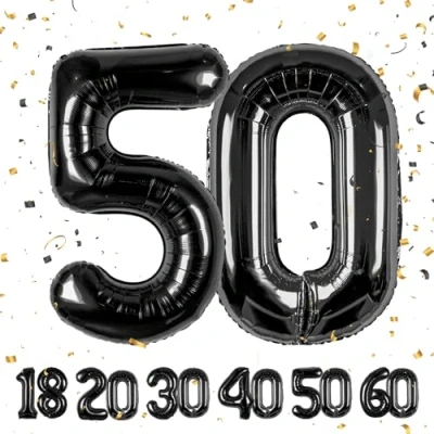 Afbeelding van Partyhausy Verjaardagsballon in de vorm van een cijfer 50 jaar, aluminium, zwart, 101 cm verjaardagsdecoratie, vliegt met helium, voor mannen en vrouwen, 50e verjaardagsfeest