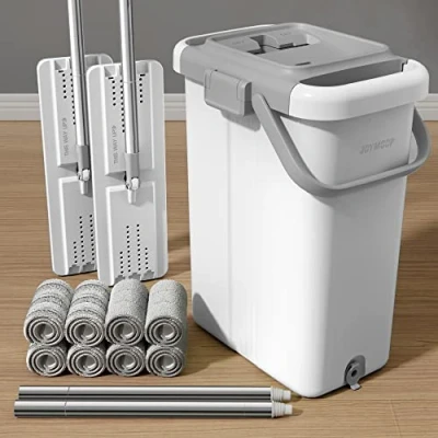Afbeelding van JOYMOOP Dweil en emmer met centrifuge, twee platte knijpmoppen (maat XL) voor wandreiniger lange steel, microvezelmop witte 8 pads
