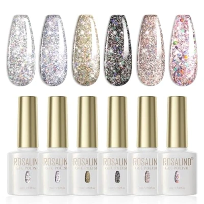 Afbeelding van ROSALIND semi permanente nagellak, glitter, 6 kleuren, grijs, zwart, uv gel, permanent, soak off, UV/LED, set voor vrouwen, doe het zelf, nail art, salon