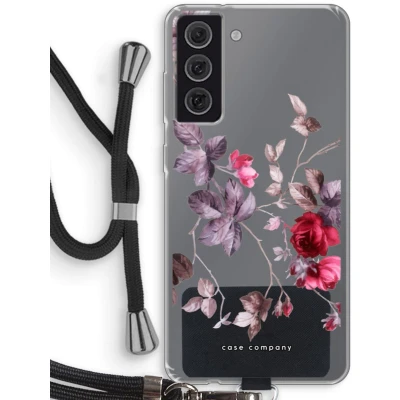 Afbeelding van Case Company® hoesje met Koord geschikt voor Samsung Galaxy S21 FE Mooie bloemen Telefoonhoesje Zwart Bescherming aan alle Kanten en Over de Schermrand