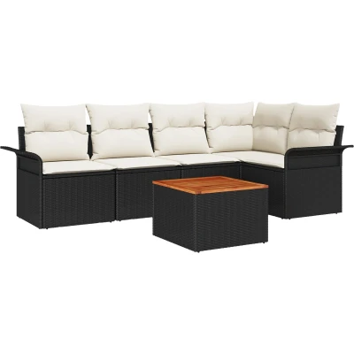 Afbeelding van vidaXL 6 delig Tuinbankstel met Kussens Zwart Poly Rattan Acacia
