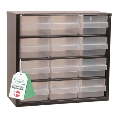 Afbeelding van raaco Ladevakken C6 12, stalen frame, 12 laden van kunststof, belasting 13 kg, 15 x 30,6 28,3 cm, wandmontage, voor opslag, garage en werkplaats, opslag schroeven, werkplaats