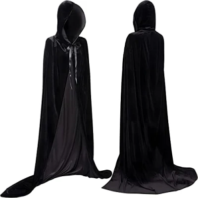 Afbeelding van YIHELU lange zwarte fluwelen cape met capuchon, Halloween kostuum, cape, voor volwassenen en kinderen, cosplay, party, Halloween, carnaval, vampierkostuum (L)