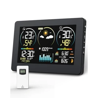 Afbeelding van Weerstation met buitensensor, digitale draadloze thermometer kleurweergave, temperatuur en vochtigheidsmonitor, weersvoorspelling instelbare achtergrondverlichting kalender, zwart