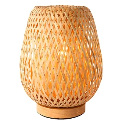 Afbeelding van Schindora Kleine Handgemaakte Bamboe Tafellamp Boho Rieten Geweven Bureaulamp, Tafellampen voor Slaapkamer Nachtkastje Leeslamp Home Decor