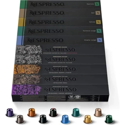 Image de Nespresso 100 capsules mixtes espresso : Roma, Decaffeinato Intenso, Volluto, Capriccio, Livanto, Ristretto, Arpeggio, Ciso, Fortissio, Vivalto