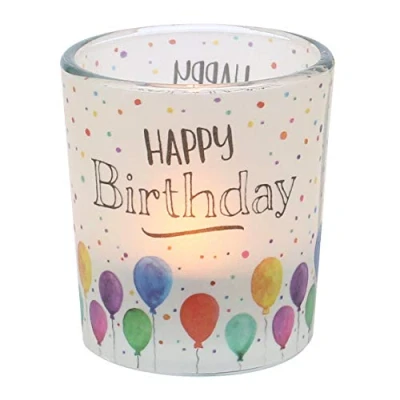 Afbeelding van Dekohelden24 Glazen theelichthouder met motief op transparante banner 1 theelichtje, h: 6,5 x 6 cm, Happy Birthday.