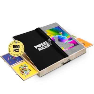Afbeelding van Draagbare puzzelplank en opbergplateaus tafel met mat voor puzzels van 1000/1500 stukjes licht, gemakkelijk op te bergen, schuifladen in 4 kleuren, 1000 stukjes, 3 hellingshoeken
