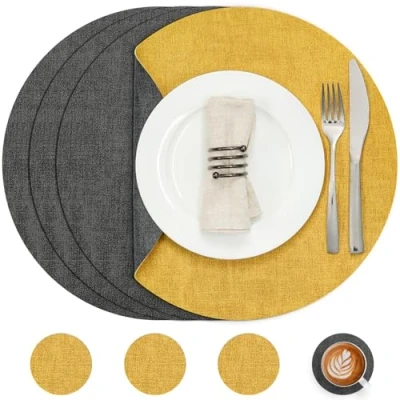 Afbeelding van Myir JUN Set van 4 ronde leren placemats en onderzetters, waterdicht, dubbelzijdig, hittebestendig, antislip, wasbaar, grijs