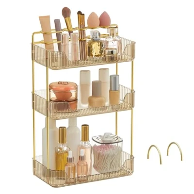 Afbeelding van Make uporganizer, 2 soorten accessoires, 3 laags huidverzorgingsorganizer, rechthoekig, aanpasbaar, sieradenhouder, voor ijdelheid, cadeau, champagnegoud