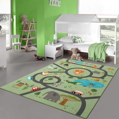 Afbeelding van Teppich Traum Tapijt voor kinderkamer, antislip, wasbaar, speeltapijt, safari, straat, auto&#039;s, dieren, groen, 200 x 290 cm