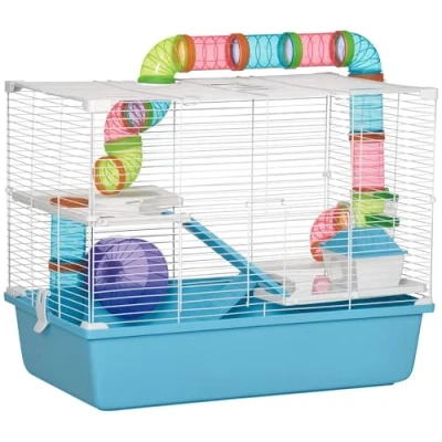 Afbeelding van PawHut Knaagdier en hamsterkooi 3 niveaus met tunnel, waterfles, wielen, huis, schaal afmetingen: 59 x 36 47 cm (l b h)