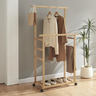 Afbeelding van Bamboe kledingrek Ilmajok op wielen 147x70x36 cm houtkleurig