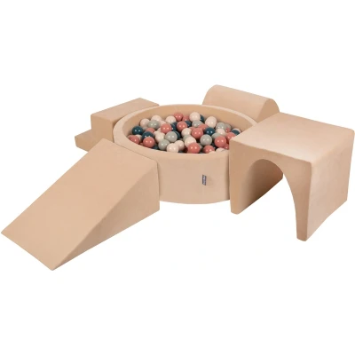 Afbeelding van KiddyMoon Velvet Foam Speeltuin Met Rond Ballenbad (200 Ballen) Kinderballenbakken Speelgoed Obstakelbaan, Zandbeige: Donkerturquoise/Pastel Beige/Groen Grijs/Zalm
