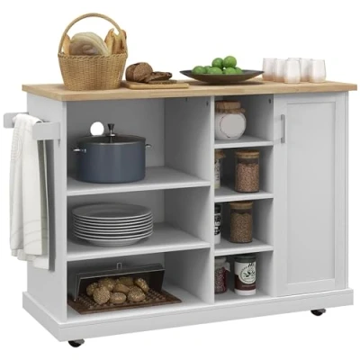 Afbeelding van HOMCOM Desserte keukeneiland, trolley met wieltjes, keukenwagen, 7 open vakken, 1 kast deur, 129 x 51 93 cm, hout en wit