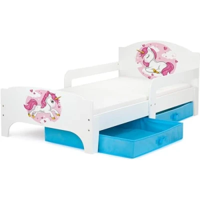 Afbeelding van Leomark Kinderbed Smart van hout, schattige eenhoorn, matras en lades, robuust, comfortabel, slaapkamer, met motief, meubels voor kinderen, slaapoppervlak: 140 x 70 cm.
