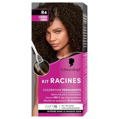 Image de Schwarzkopf Kit Racines Coloration Cheveux Permanente Enrichie d’une huile nourrissante Couverture Blancs Retouche entre 2 Colorations Châtain Foncé R4