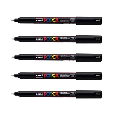 Afbeelding van POSCA Uni Mitsubishi Pencil 5 zwarte markeerstiften PC1MR extra fijne punt gekalibreerd 0,7 mm marker op waterbasis alle ondergronden voor papier, textiel, glas, kiezelsteen enz.