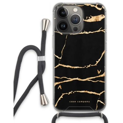 Afbeelding van Case Company® hoesje met Koord geschikt voor iPhone 13 Pro Gouden marmer Telefoonhoesje Zwart Extra Bescherming aan alle Kanten en Over de Schermrand