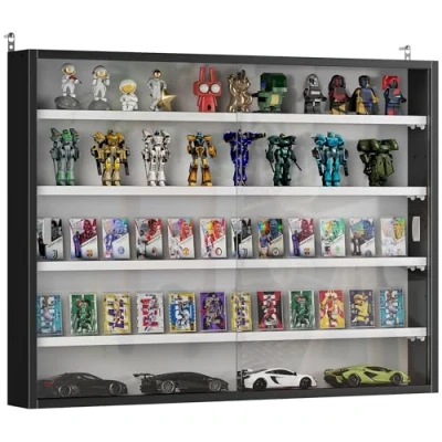 Afbeelding van HOMCOM Vitrine wandrek voor verzamelobjecten met 5 in hoogte verstelbare planken en 2 glazen schuifdeuren, 80 x 9,5 60 cm, zwart