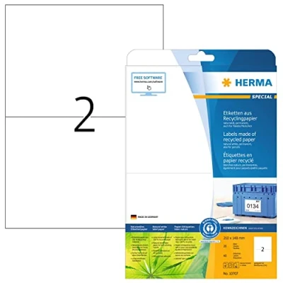 Afbeelding van HERMA 10707 Lot de 40 étiquettes recyclées 210 x 148 mm, 2 par feuille A4, pièces, autocollantes, imprimables, mates, vierges en papier recyclé, blanc naturel