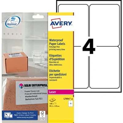 Afbeelding van Avery L7994 25 verzendlabels, waterbestendig, laser, 4 etiketten per vel, 99,1 x 139 mm, 100 stuks
