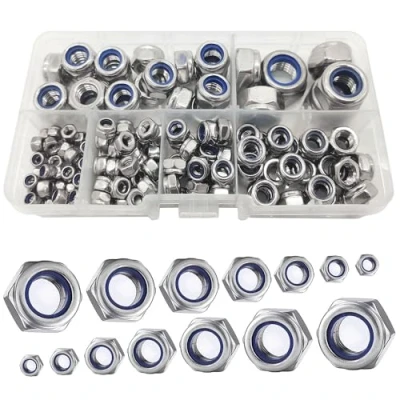Afbeelding van 150 stuks zeskantmoeren M12/M10/M8/M6/M5/M4/M3 van roestvrij staal, nylon inzetstuk, vergrendelingsmoer serie (zilver)