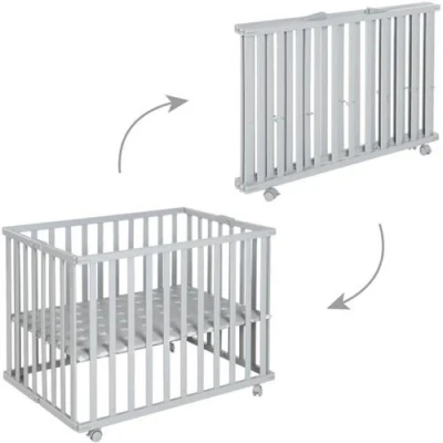 Image de Parc bébé pliable LITTLE STARS 75 x 100 cm Hauteur réglable 4 Roues freinées Bois Laqué Gris Taupe Motif Étoile