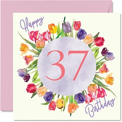 Afbeelding van Mooie 37e verjaardagskaarten voor vrouwen aquarel tulpenboeket verjaardagskaart haar, dochter, tante, zus, vriendin, 145 mm x