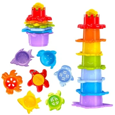 Afbeelding van Fancy Baby Piramide van stapelbekers, 29 cm, badspeelgoed voor baby&#039;s en kinderen, 1, 2, 3 jaar, uitschuiftoren, stapelbaar met zeedieren, bad , zwembad zandspel vanaf 12 maanden