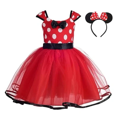Afbeelding van Lito Angels Minnie Mouse jurk voor meisjes, prinsessenjurk, verjaardagsfeestje, Halloween, carnaval, met hoofdband muizenoren, maat 6 7 jaar, rode stippen (maat op etiket: 150)
